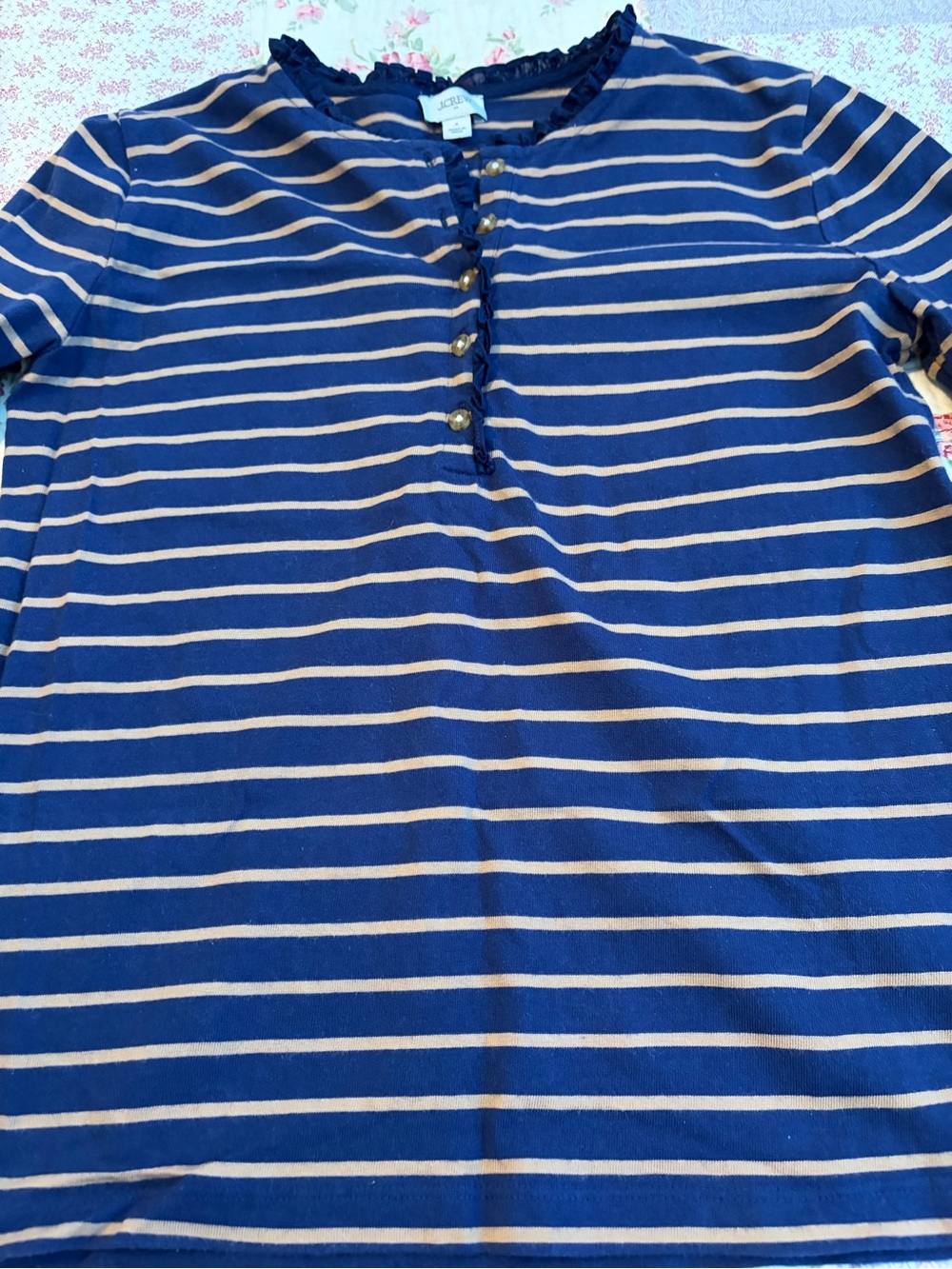 J. Crew Navy and Cream Striped Long Sleeve Henley Tee